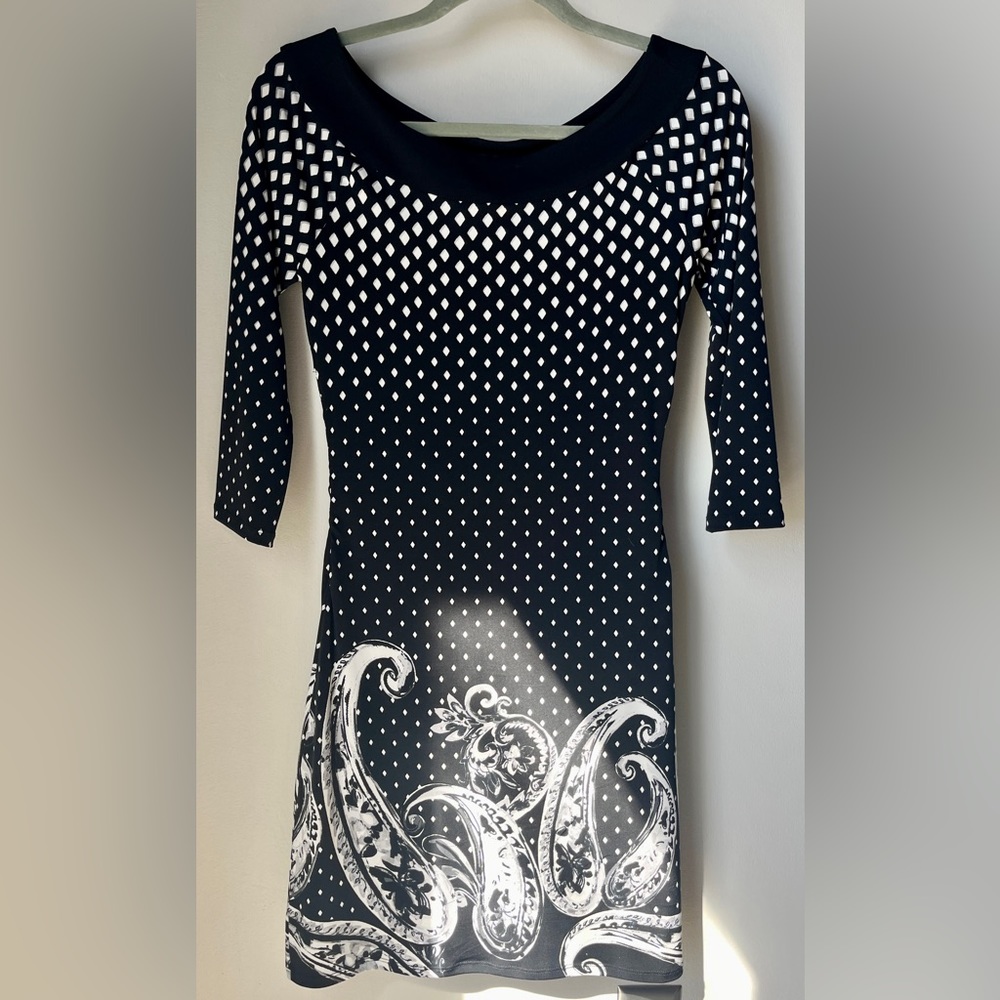 White House Black Market Boat Neck Stretch Black Diamond & Paisley Dress | XS